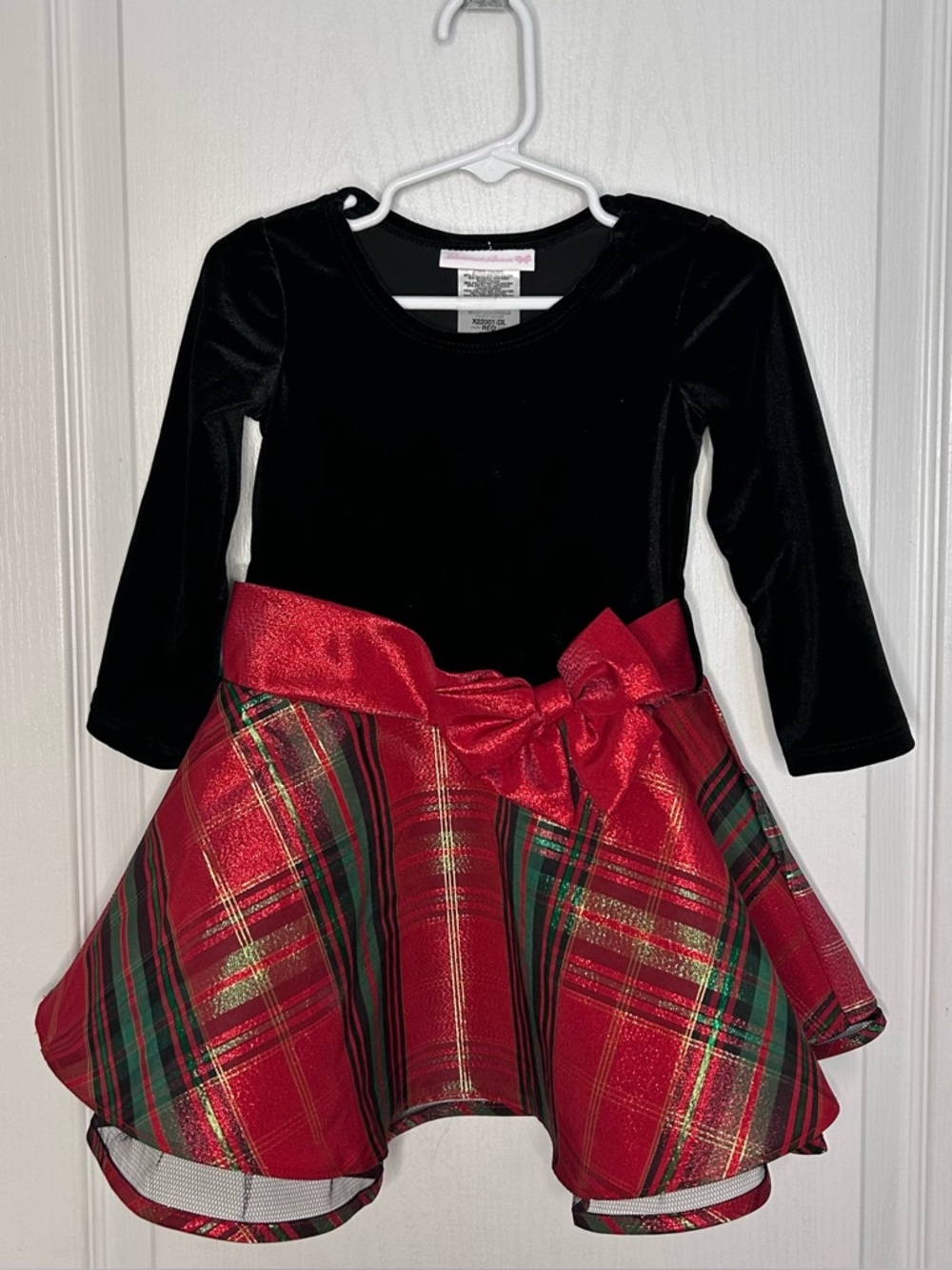 Bonnie Jean Girl 2T Black Velvet Plaid Red Bow Christmas Dress Twirl Fit Flare